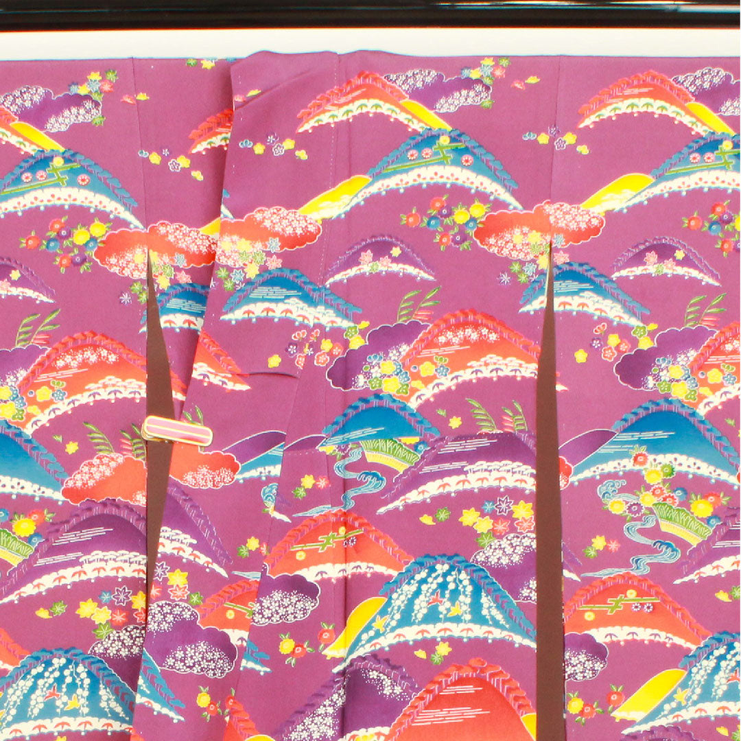 振袖 身丈155cm 裄丈63cm 袷  織葡萄色 型染 遠山 草花模様  正絹 Aランク 紫系 1113000923320
