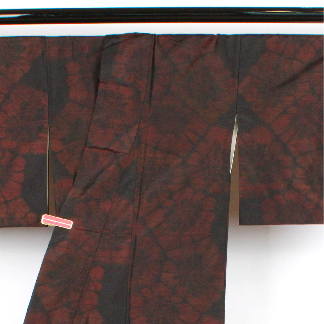Oshima Tsumugi, Length 155cm, Sleeve length 64.5cm, Weft Kasuri, Flower pattern, Pure silk, A rank, Lined, Black, 1116001893310