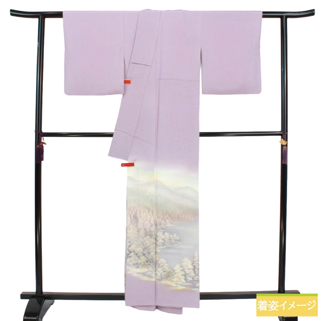 色留袖 正絹 Sランク 身丈158.5cm 裄丈64cm 袷 淡藤色（うすふじいろ） 摺り友禅 風景画 一つ紋 丸に三つ茗荷巴 作家物 一つ紋 紫系 1111002202320