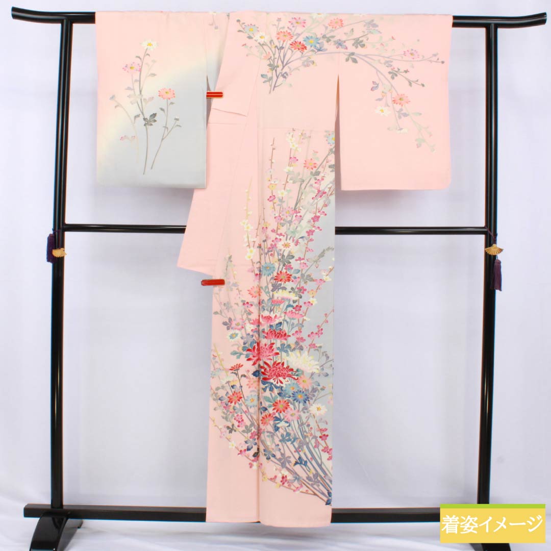 Visiting Kimono, Pure Silk, A-Rank, Lined, Length 157cm, Sleeve Length 65.5cm, Otomeiro (Girl's Color), Single Crest, Mokko (Pink Quince) Design, Kaga Yuzen, All-Flower Design, Artist's Work, Pink, Product Number: 1112006873313