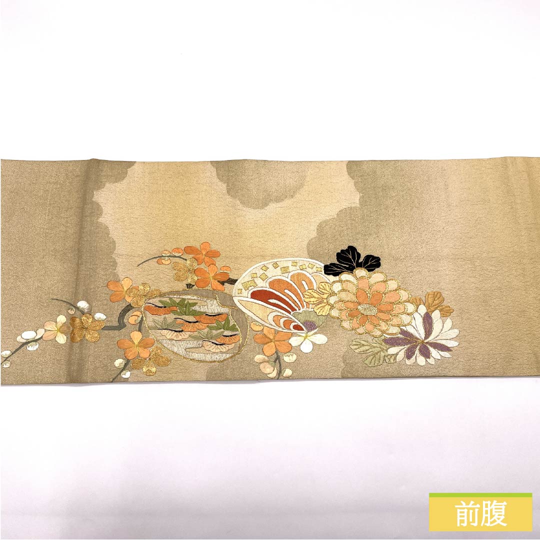 （丸帯）袋帯 正絹 鳥の子色（とりのこいろ） 丸帯 アンティーク 刺繍 帯丈410cm Aランク ポイント柄 フォーマル ベージュ系 1123013863325