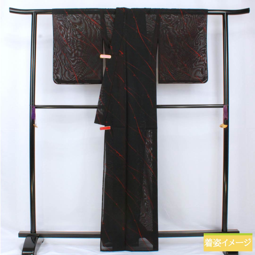 Summer pure silk komon length 165.5cm sleeve length 66.5cm branch fruit gauze S rank black 1132001992510