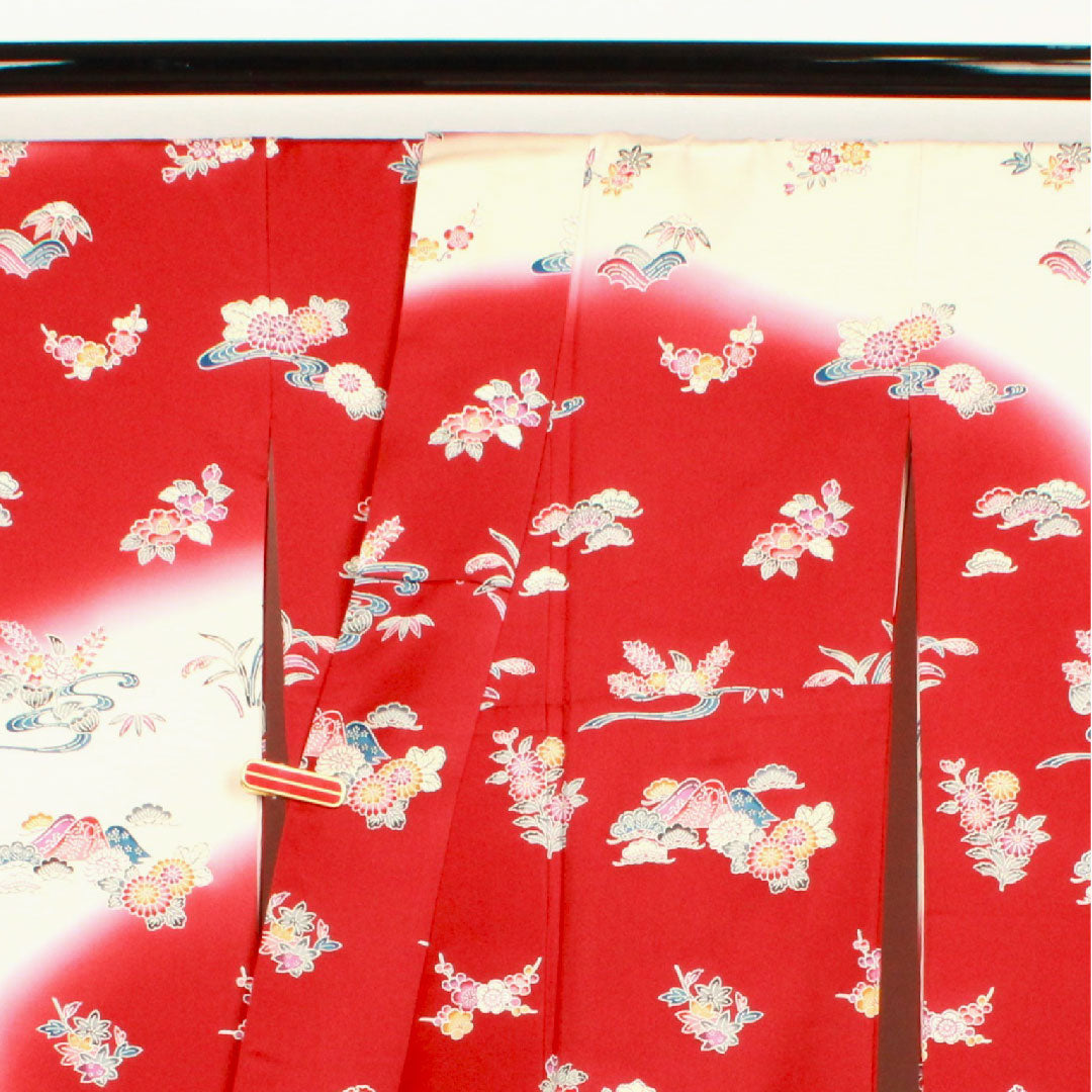 振袖 身丈161.5cm 裄丈64cm 袷  葡萄茶色 薄桜色 型染 茶屋辻 松竹梅  正絹 Aランク 赤系 1113000913412