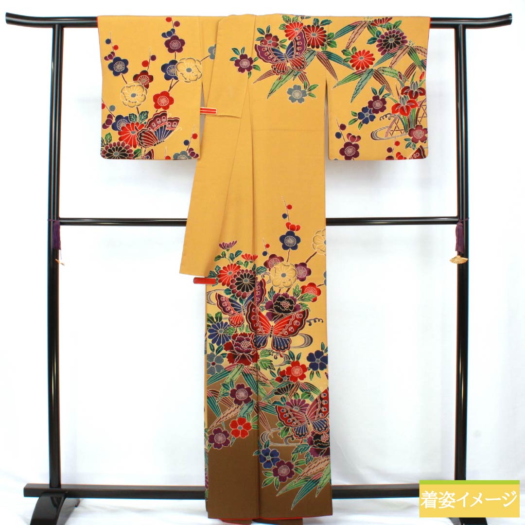 訪問着 正絹 Aランク 袷 身丈161cm 裄丈66.5cm 枇杷茶色（びわちゃいろ） 京紅型 草花 黄系 1112006473423