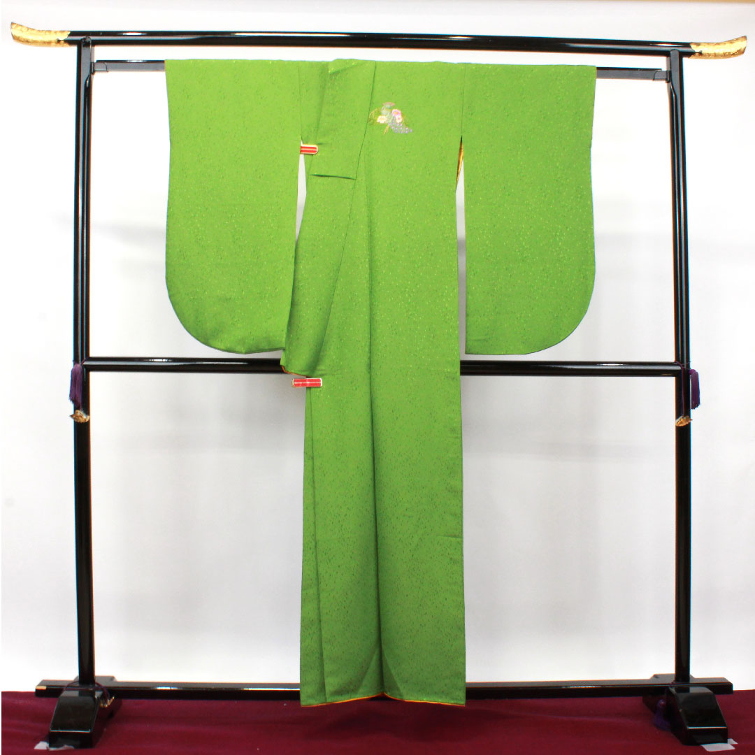 色無地 ポリエステル 常盤色 洗える着物  身丈156cm 裄丈63cm 袷  Sランク 緑系 1114001072319