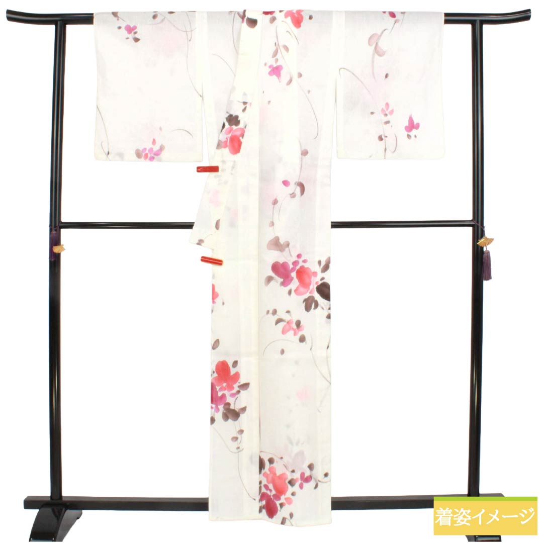 夏物 ポリエステル 小紋 Aランク 身丈158.5cm 裄丈66cm 洗える着物 濡れ描き 草花模様 紗 白系 1132006303311