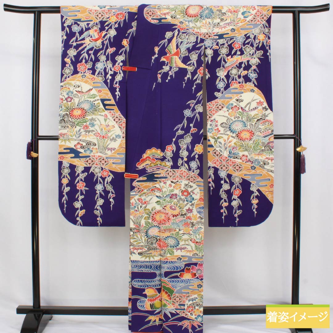 リサイクル着物】振袖 正絹 Aランク 身丈163cm 裄丈64cm 袷 青紫色