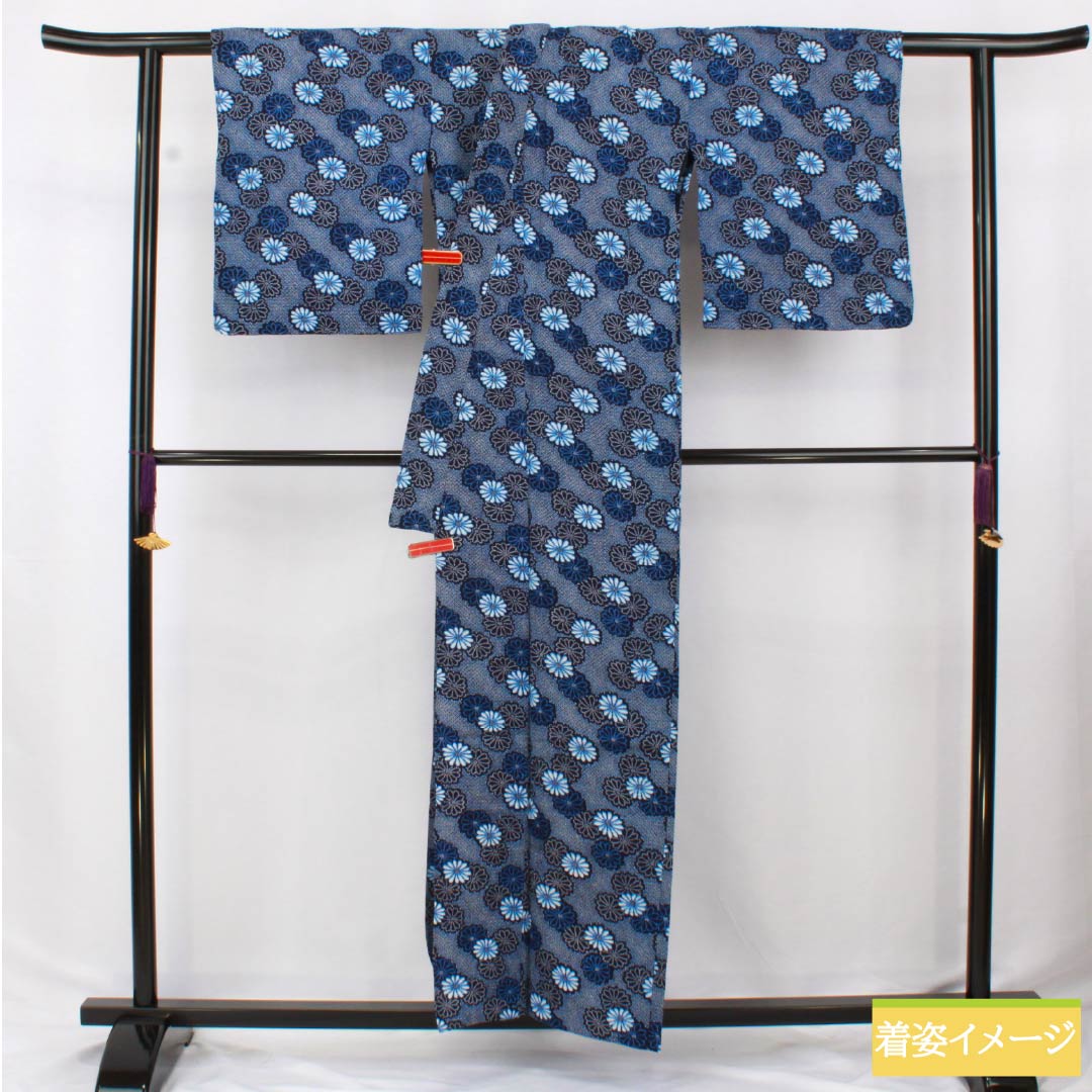 浴衣 木綿 身丈157cm 裄丈65cm Aランク 単衣 紺系 褐色（かちいろ） 菊 リップル 1118006473318