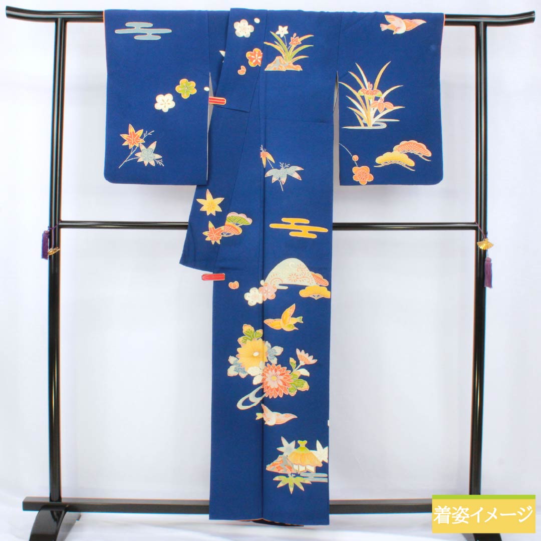 訪問着 正絹 Bランク 袷 身丈158cm 裄丈63.5cm 紺瑠璃色（こんるりいろ） 京紅型 吉祥文様 松竹梅 菖蒲 鳥 青系 1112007284317