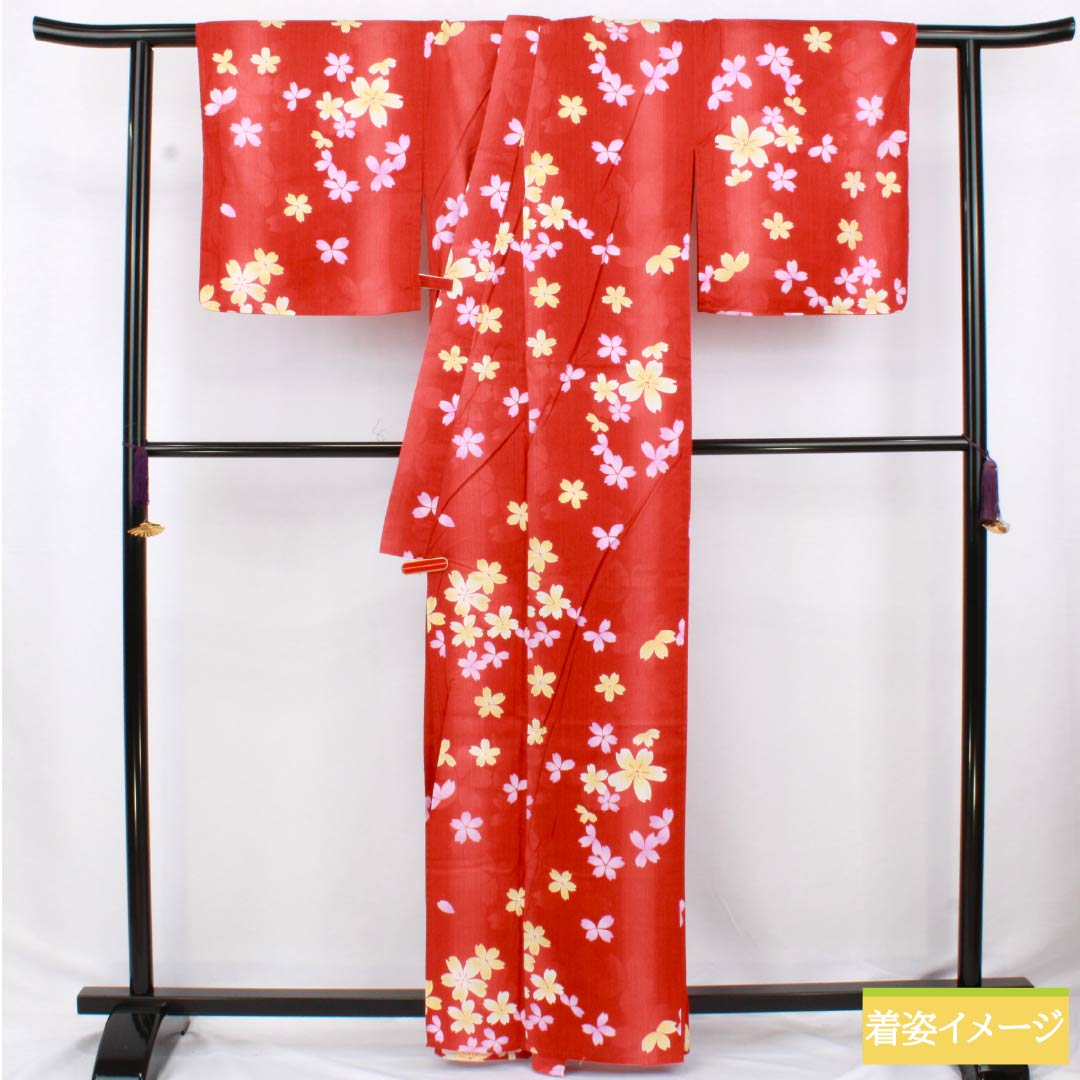 浴衣 木綿 身丈162cm 裄丈67.5cm Sランク 単衣 朱系 辰砂色（しんしゃいろ） 桜 1118006512416