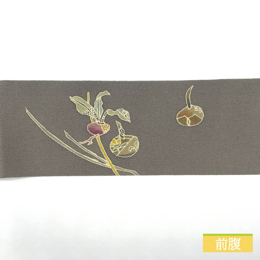 Nagoya obi, gray, crepe fabric, dyed obi, vegetable pattern, obi length 374cm, pure silk, S rank, point pattern, casual, gray, 1124007572322, Nagoya style