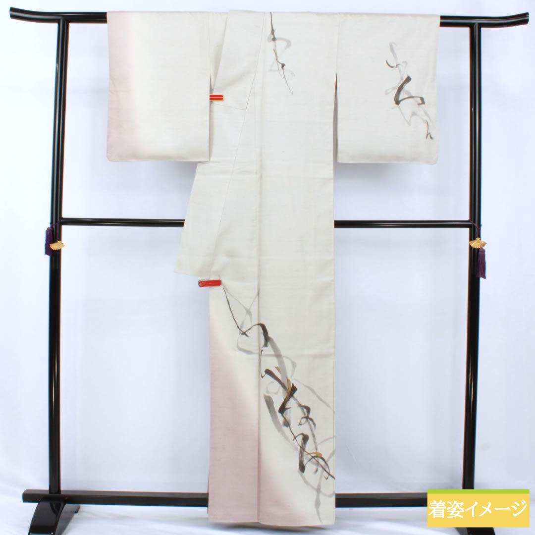 訪問着 正絹 Bランク 袷 身丈161.5cm 裄丈63.5cm 灰白色（かいはくしょく） 牛首紬 抽象模様 純一郎 作家物 しつけ糸付き グレー系 1112006994422