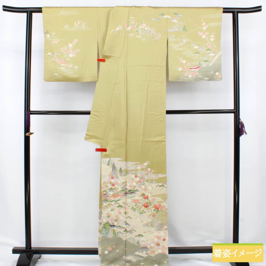 訪問着 正絹 Aランク 袷 身丈171.5cm 裄丈69cm 玉子鼠色（たまごねずいろ） 京友禅 網干 風景模様 黄系 1112006093623