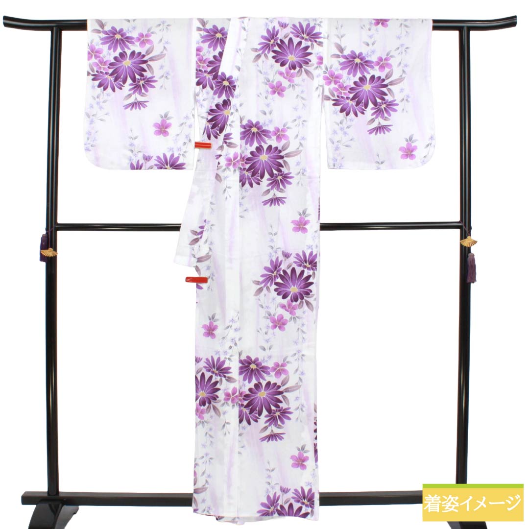 浴衣 木綿 Aランク 身丈158.5cm 裄丈67.5cm 組曲 草花模様 単衣 白系 1118007413311