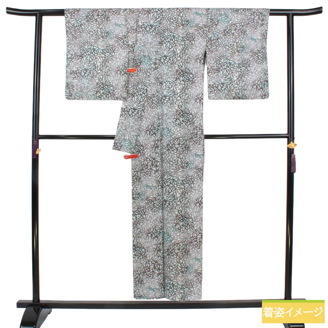 夏物 正絹 小紋 Sランク 身丈151cm 裄丈63.5cm 白銅色（はくどういろ） 五泉 抽象模様 絽 グレー系 1132007202222