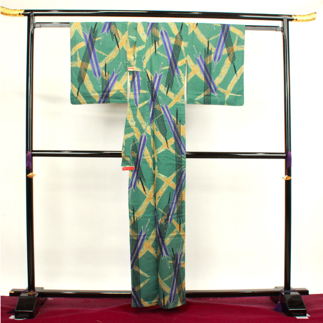 浴衣 萌葱色 幾何学模様 木綿 Aランク 単衣 身丈162cm 裄丈64.5cm 緑系 1118003963419