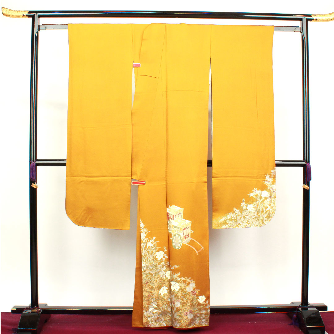 振袖 正絹 Sランク 身丈161cm 裄丈67cm 袷 黄茶色（きちゃいろ） 京友禅 御所車 草花模様   黄系 1113002352423