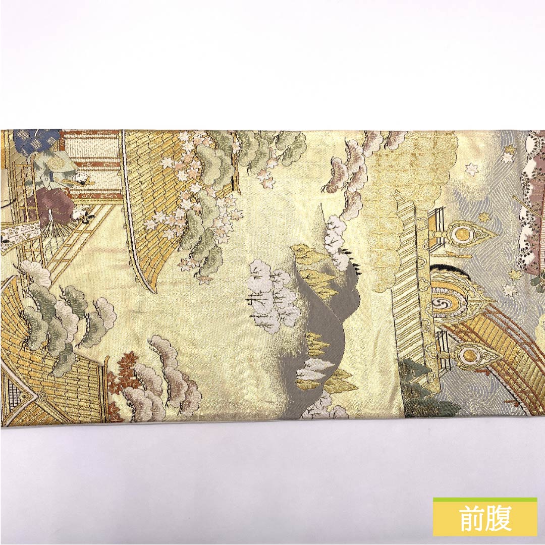 袋帯 正絹 時代人物風景模様 留袖用 本金箔 駒競行幸絵巻 帯丈434cm Aランク 六通 フォーマル 金系 1123014253321
