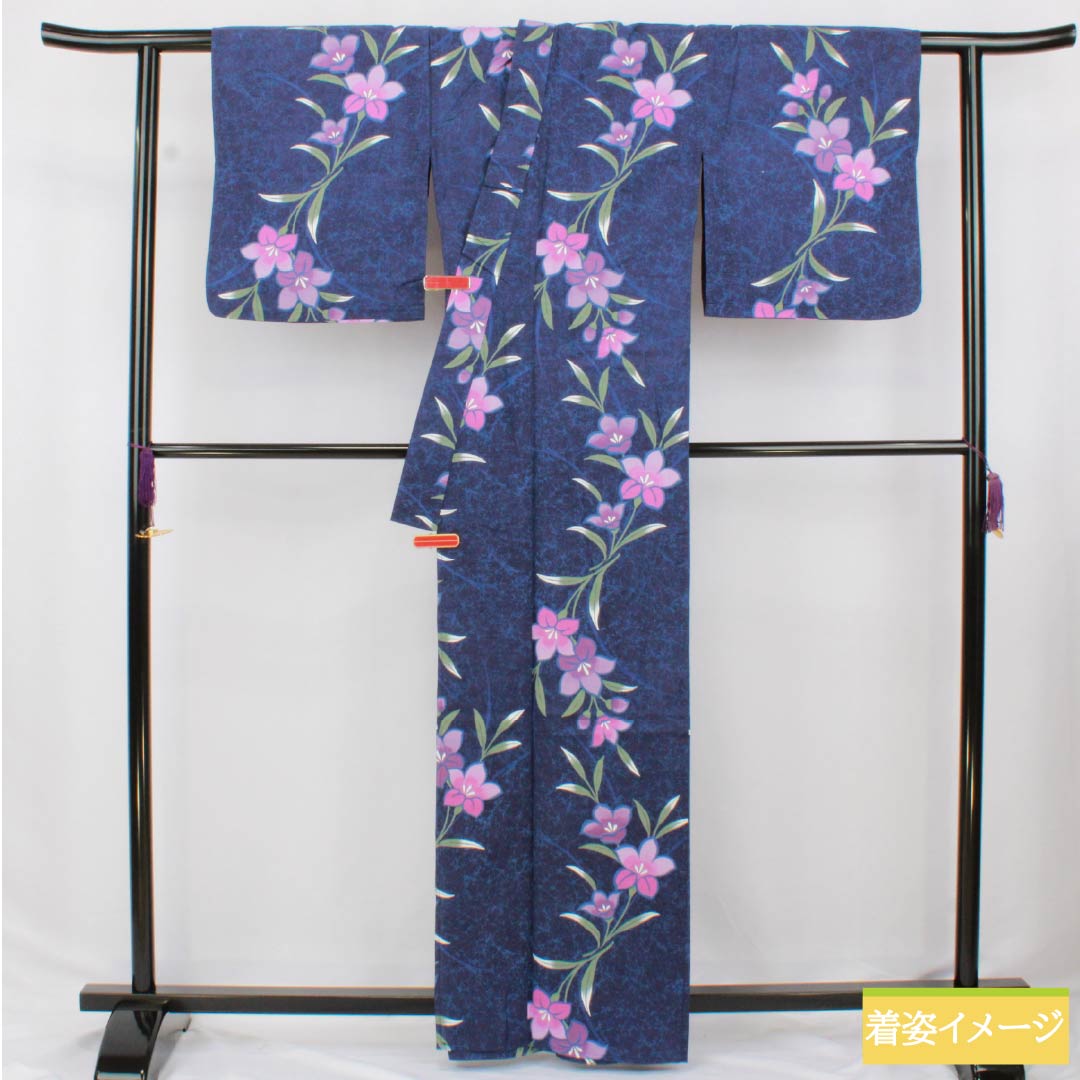 Cotton Yukata, Length 163cm, Sleeve Length 66cm, S Rank, Single Layer, Navy Blue, Gentian Pattern, 1118006432418
