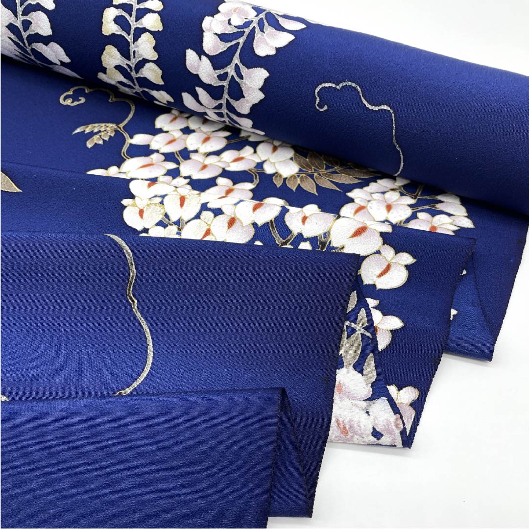 反物 小紋 正絹 丹後ちりめん 下り藤 花柄 AB反 NEWランク 紺系 1130001121918
