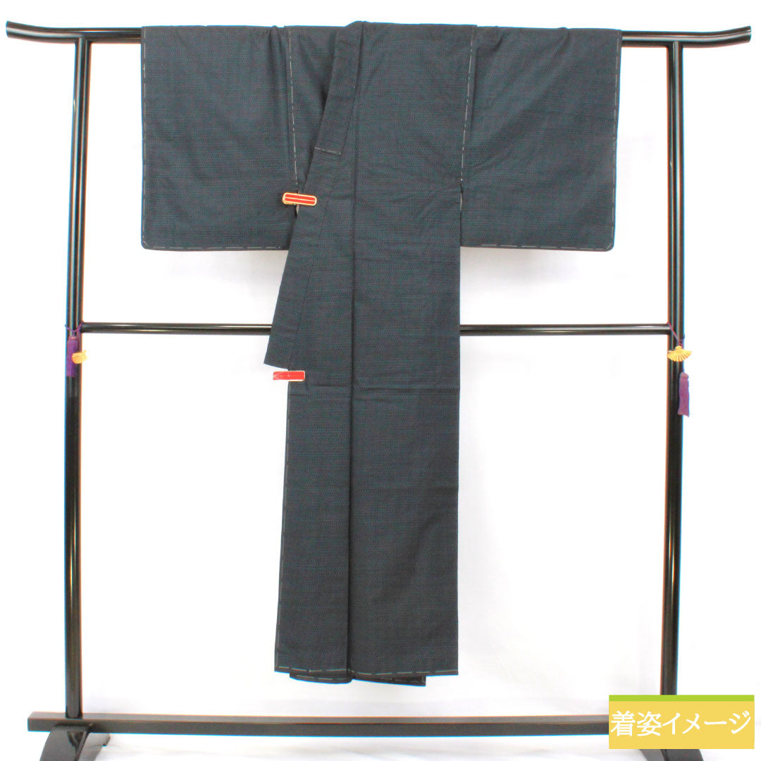 Men's silk S-rank kimono, length 144cm, sleeve length 67cm, Oshima Tsumugi with double-patterned horizontal kasuri pattern, basting threads included, lined, navy blue, product number 1119001762418
