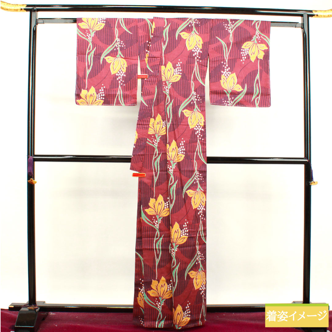 浴衣 木綿 身丈163cm 裄丈66cm Bランク 単衣 赤系 葡萄酒色（ぶどうしゅいろ） 抽象花 1118004774412