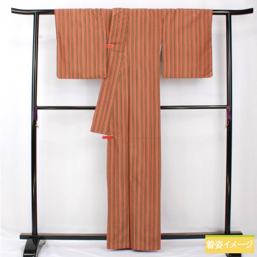 小紋 ポリエステル 身丈162.5cm 裄丈65.5cm 袷 縞 洗える着物 Sランク ベージュ系 1115005502425