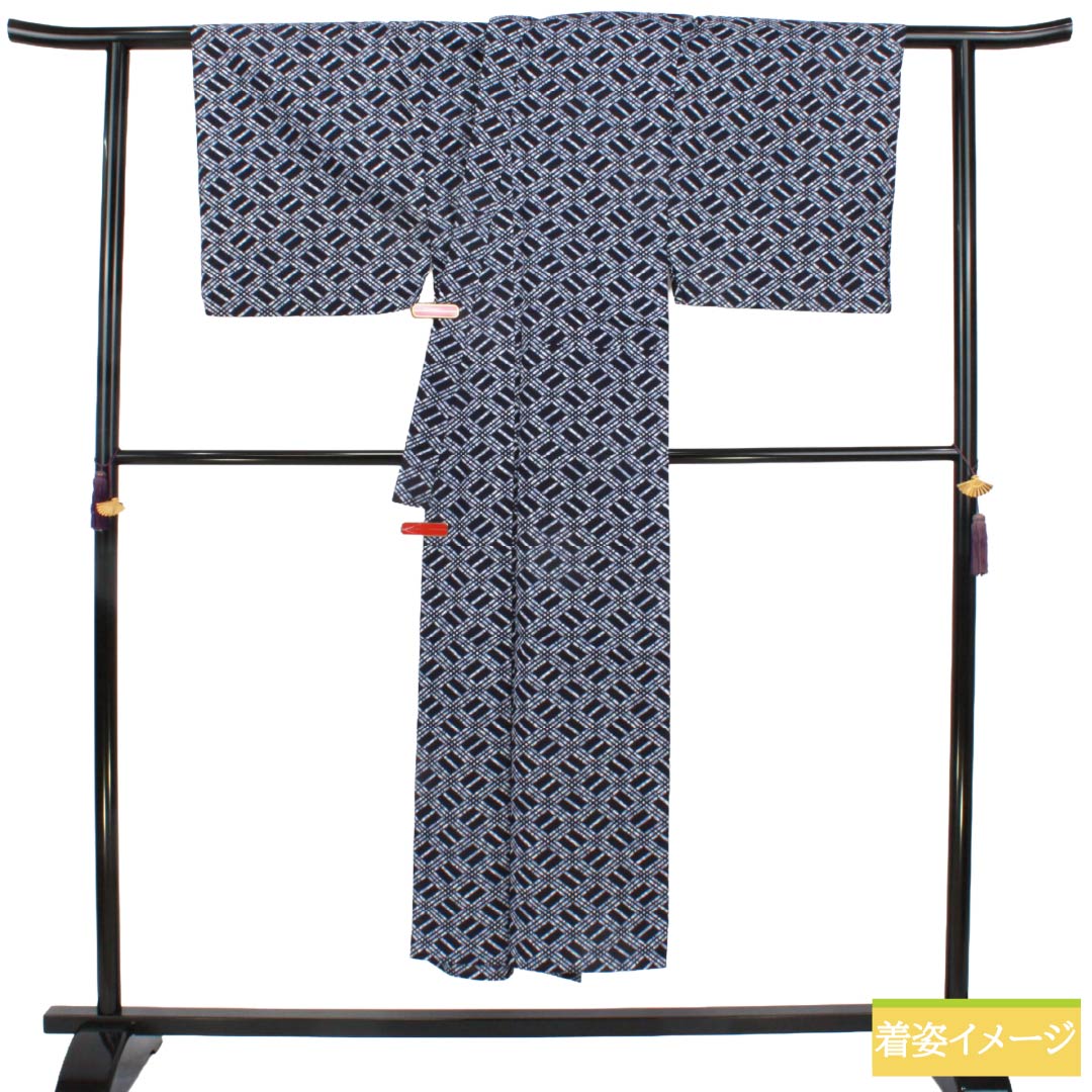 メンズ浴衣 木綿 Sランク 身丈147cm 裄丈68.5cm 濃紺色（のうこんいろ） 幾何学模様 単衣 紺系 1138001082418