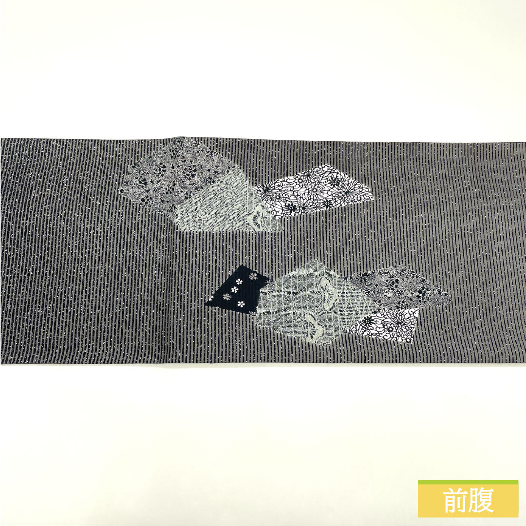 袋帯 正絹 Sランク 染め帯 作家物 型染模様   帯丈446cm ポイント柄 カジュアル グレー系 1123017392322