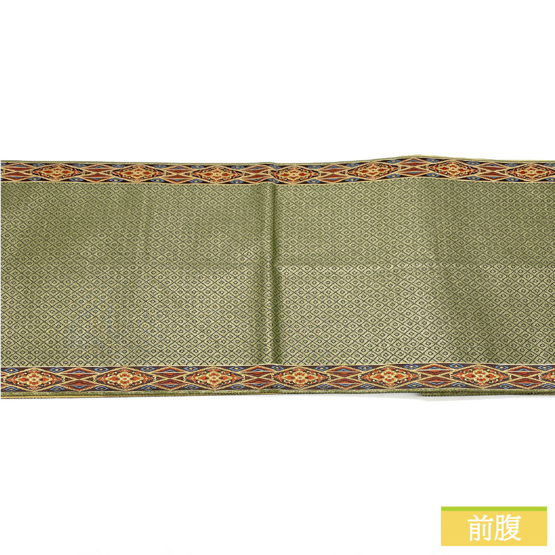 袋帯 正絹 Aランク 麹塵色（きくじんいろ） 西陣織 帯丈444cm 六通 セミフォーマル 緑系 1123016403319