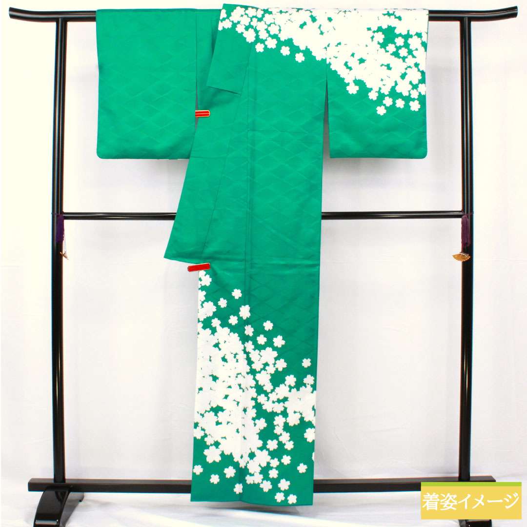 訪問着 ポリエステル 袷 身丈159cm 裄丈62cm 孔雀緑色（くじゃくりょくいろ） 洗える着物 桜 Sランク 緑系 1112005372319