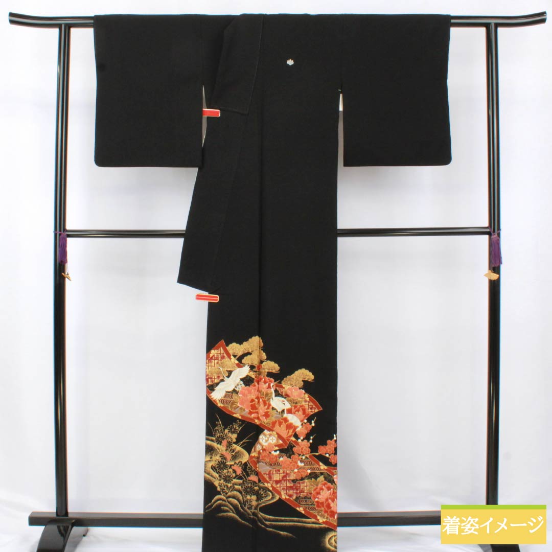 黒留袖 ポリエステル Aランク 身丈163.5cm 裄丈64cm 袷 五つ紋 五三桐 吉祥文様 鶴 松 梅 洗える着物 五つ紋 黒系 1111001833410