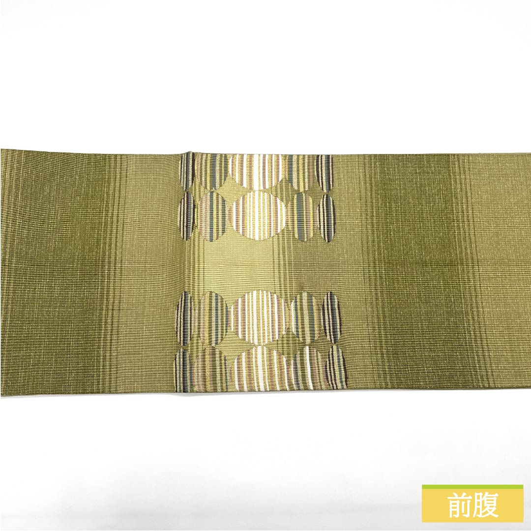 Pure silk obi with a willow-colored lining, tapestry weave, and a round crest. Length: 442cm. S rank. Features a pointed pattern. Semi-formal. Green. Product code: 1123014912319