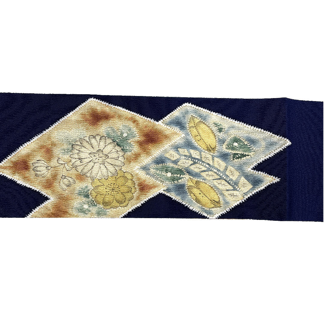 名古屋帯 松皮菱 花模様 染帯 縮緬帯丈380.5cm 正絹 Aランク ポイント柄 カジュアル 紺系 1124001583318  名古屋仕立て