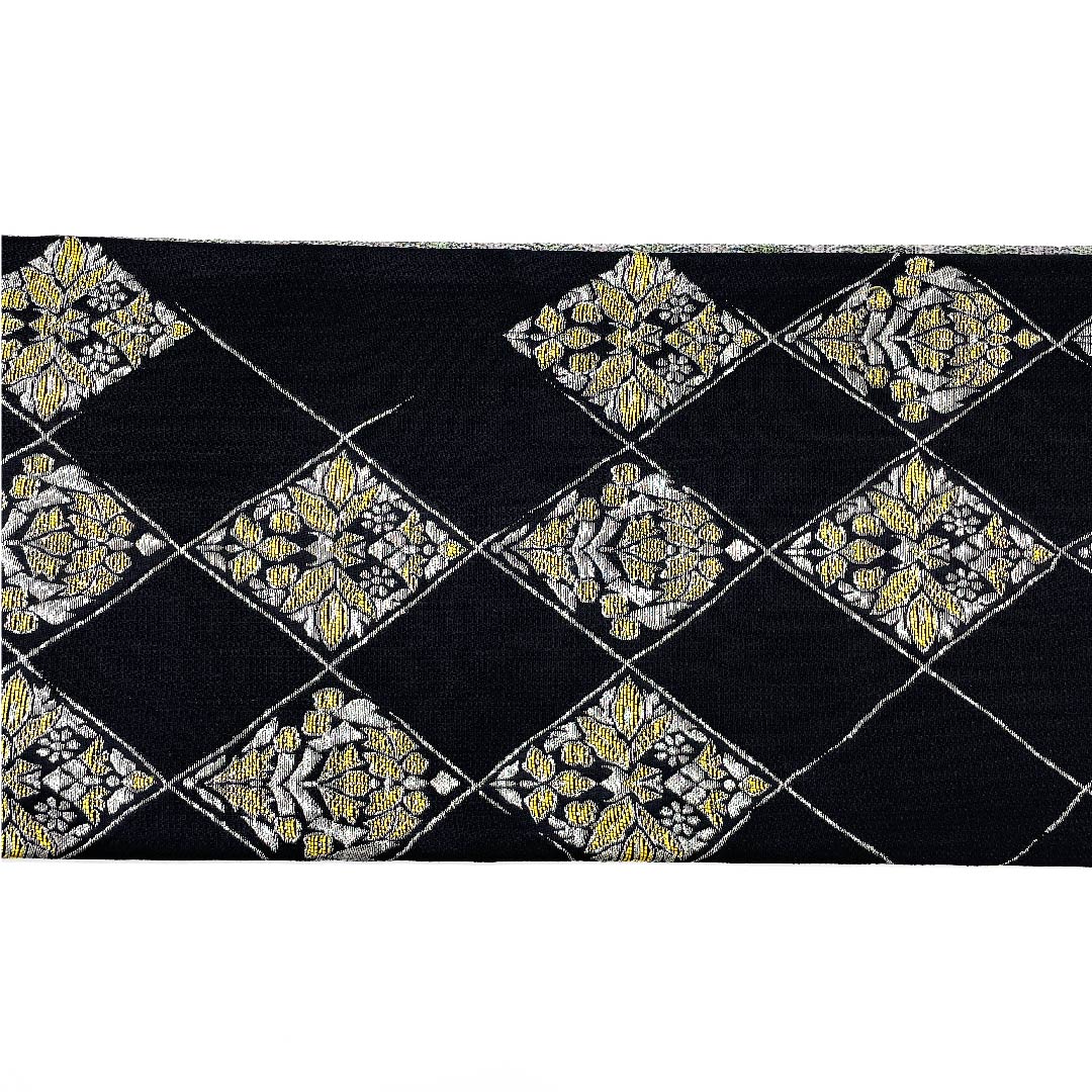 袋帯 黒色 菱 抽象花模様 帯丈447cm 正絹 Sランク 六通 カジュアル 黒系 1123009502310