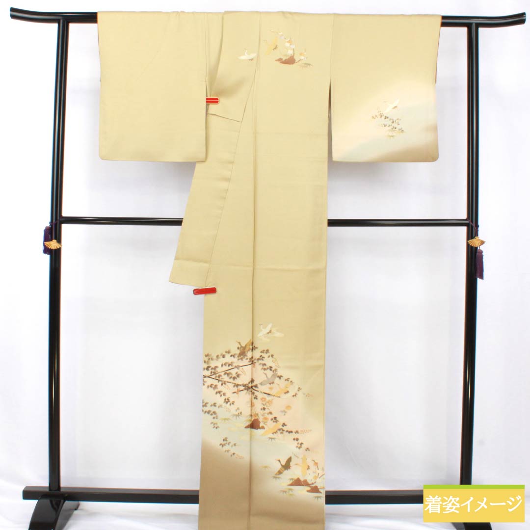 訪問着 正絹 Bランク 袷 身丈165.5cm 裄丈67cm 淡黄蘗色（うすきはだいろ） 金彩 流水 鶴 黄系 1112006904523