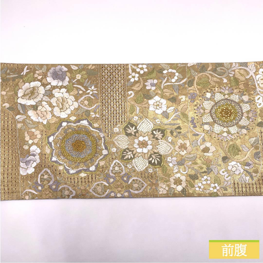 袋帯 正絹 胡桃色（くるみいろ） 唐花 スワトウ刺繍 華文 帯丈444cm Sランク 六通 フォーマル ベージュ系 1123014142325