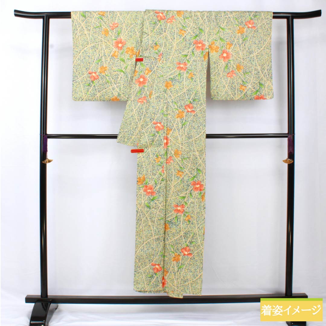 小紋 ポリエステル 身丈150.5cm 裄丈66cm 袷 紺瑠璃色（こんるりいろ） 型染 芝 草花 Sランク 紺系 1115005442118