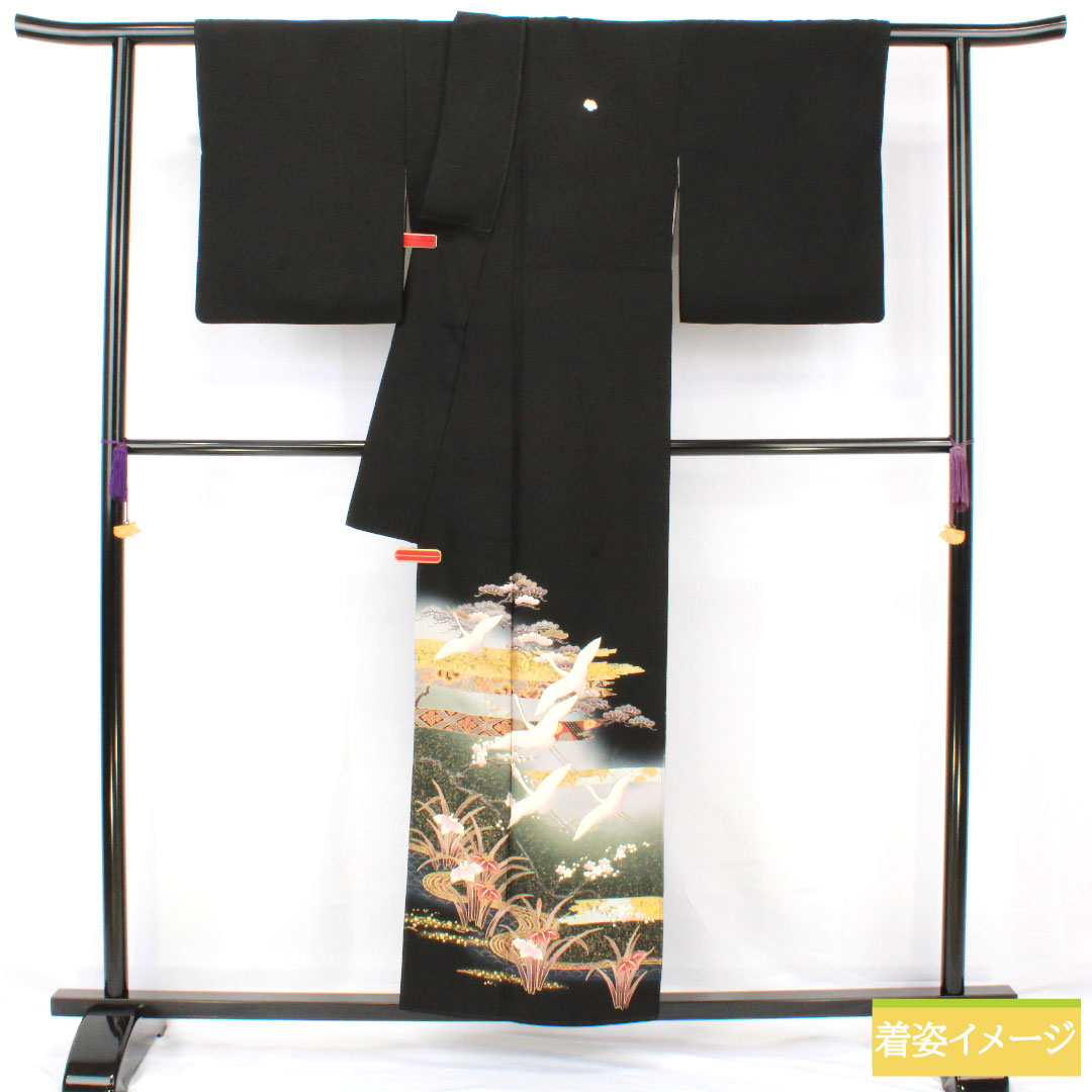 Black formal kimono, pure silk, length 156cm, sleeve length 65cm, lined, Kyoto Yuzen, crane, auspicious motif, five crests, ivy, A rank, black, 1111001753310