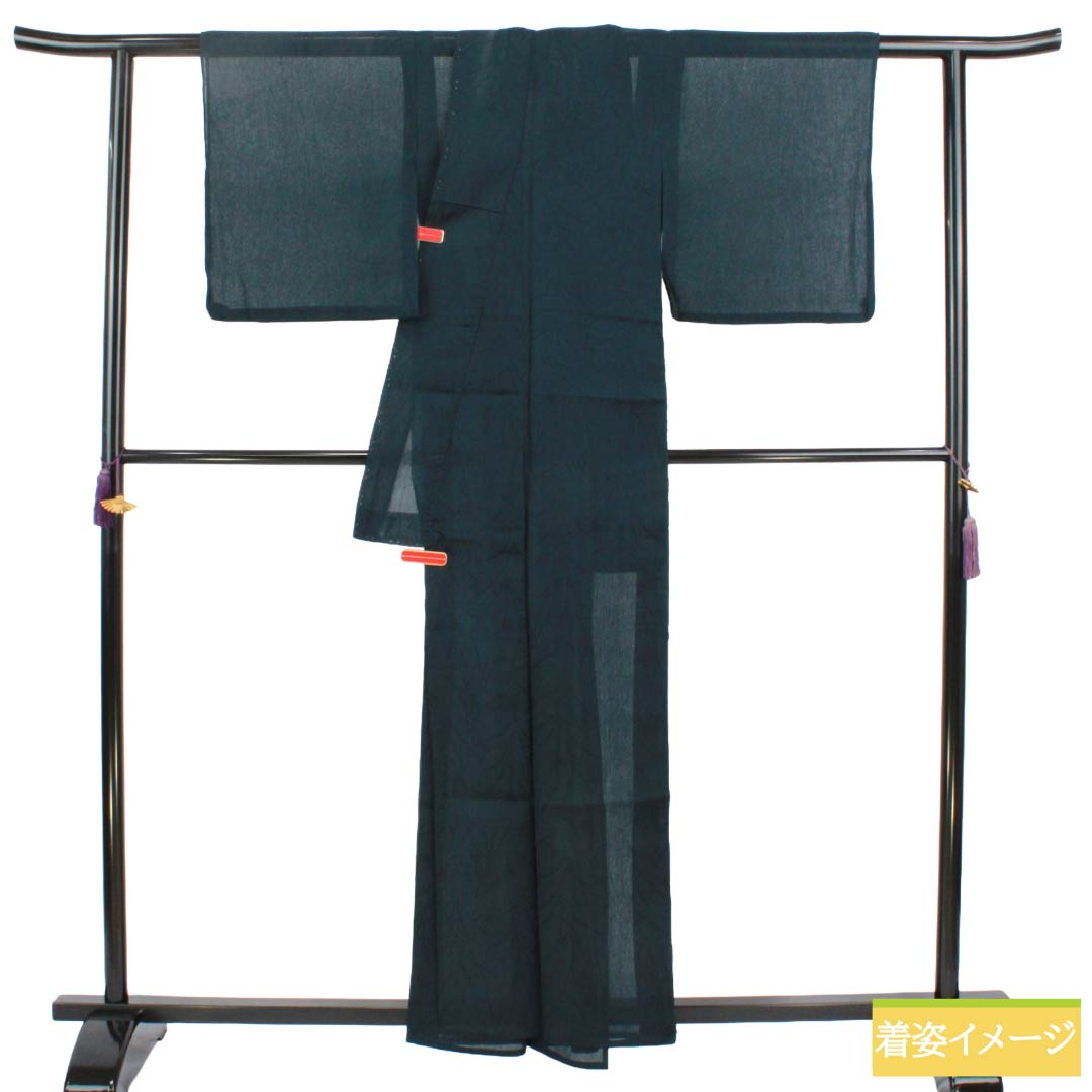 夏物 ポリエステル 色無地 Aランク 身丈160cm 裄丈63.5cm 青墨色（あおずみいろ） 草花模様 縮風 紗 緑系 1132004623419