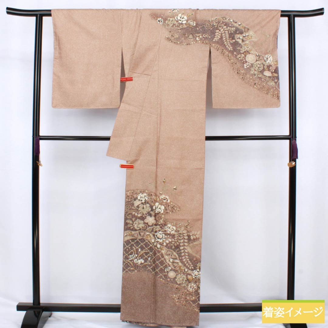 訪問着 正絹 Sランク 袷 身丈162cm 裄丈69cm 松染色（まつぞめいろ） 大島紬 絞り 辻ヶ花 しつけ糸付き 茶系 1112006692414