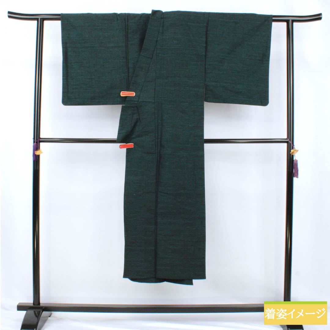 男物 正絹 Aランク 身丈139cm 裄丈66cm 高麗納戸色（こうらいなんどいろ） 紬地 アンサンブル 抽象模様 単衣 緑系 1119001333319