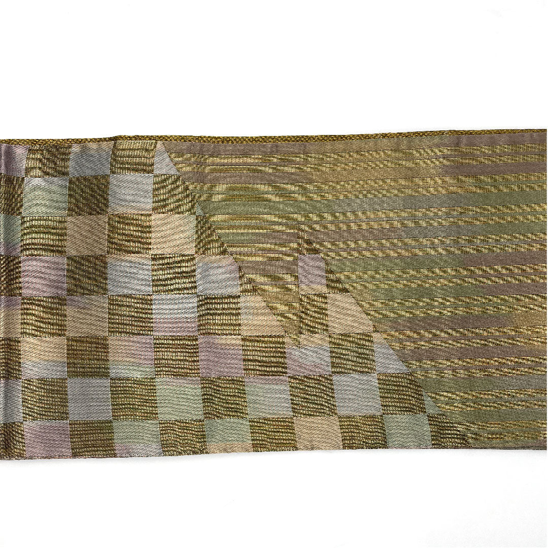 袋帯 全通全景 市松 縞 リバーシブル 帯丈440cm 正絹 Sランク 全通 セミフォーマル グラデーション系 1123003762399