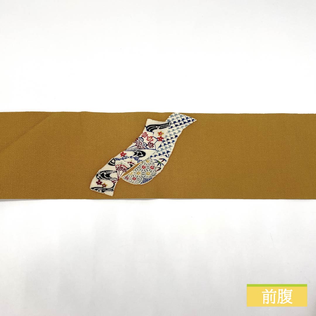 名古屋帯 土布色（トウプースーいろ） 京紅型 ちりめん地 熨斗 帯丈369cm 正絹 Sランク ポイント柄 カジュアル 黄系 1124007972323 名古屋仕立て