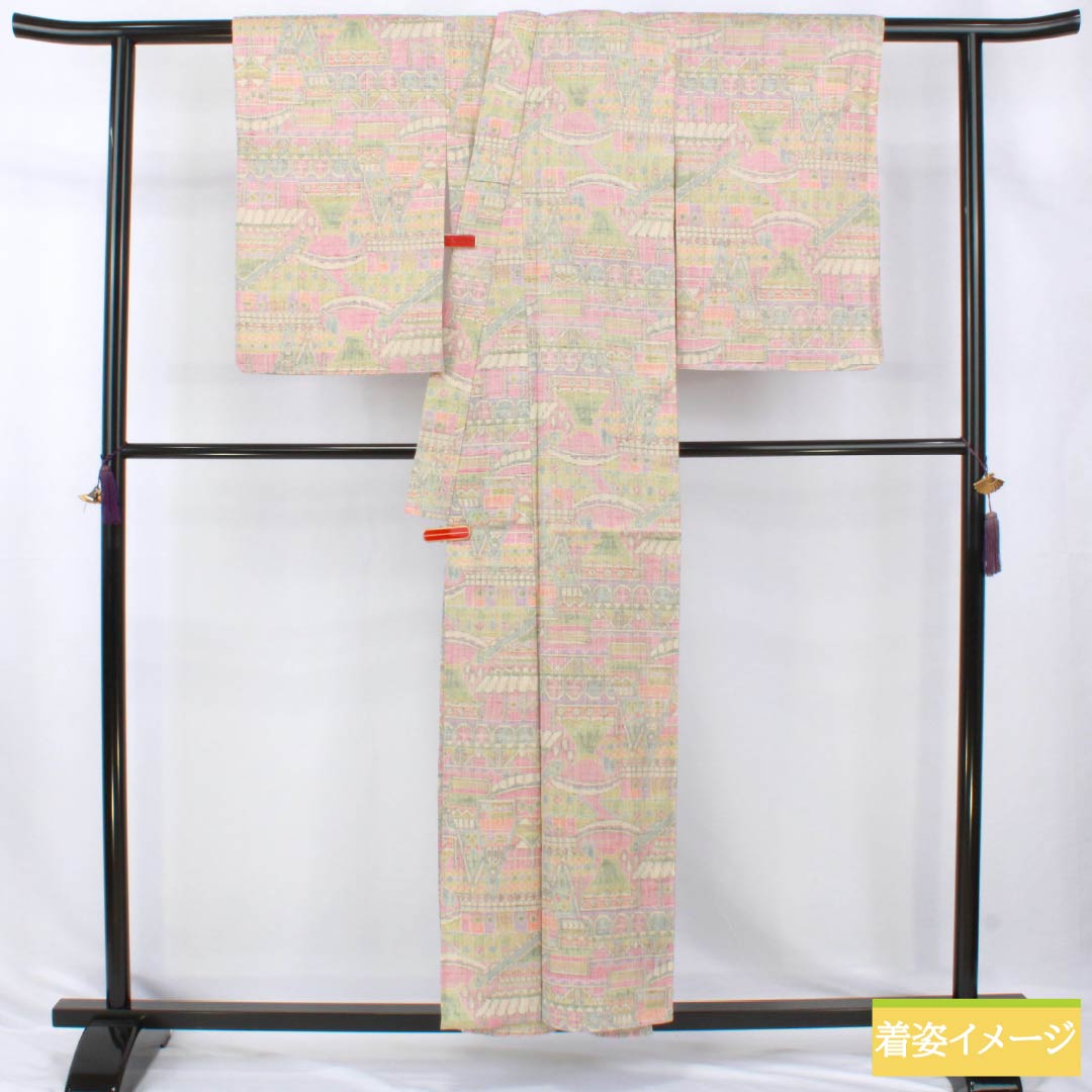 リサイクル着物】紬 正絹 Sランク 身丈155cm 裄丈62.5cm 絵絣模様 単衣