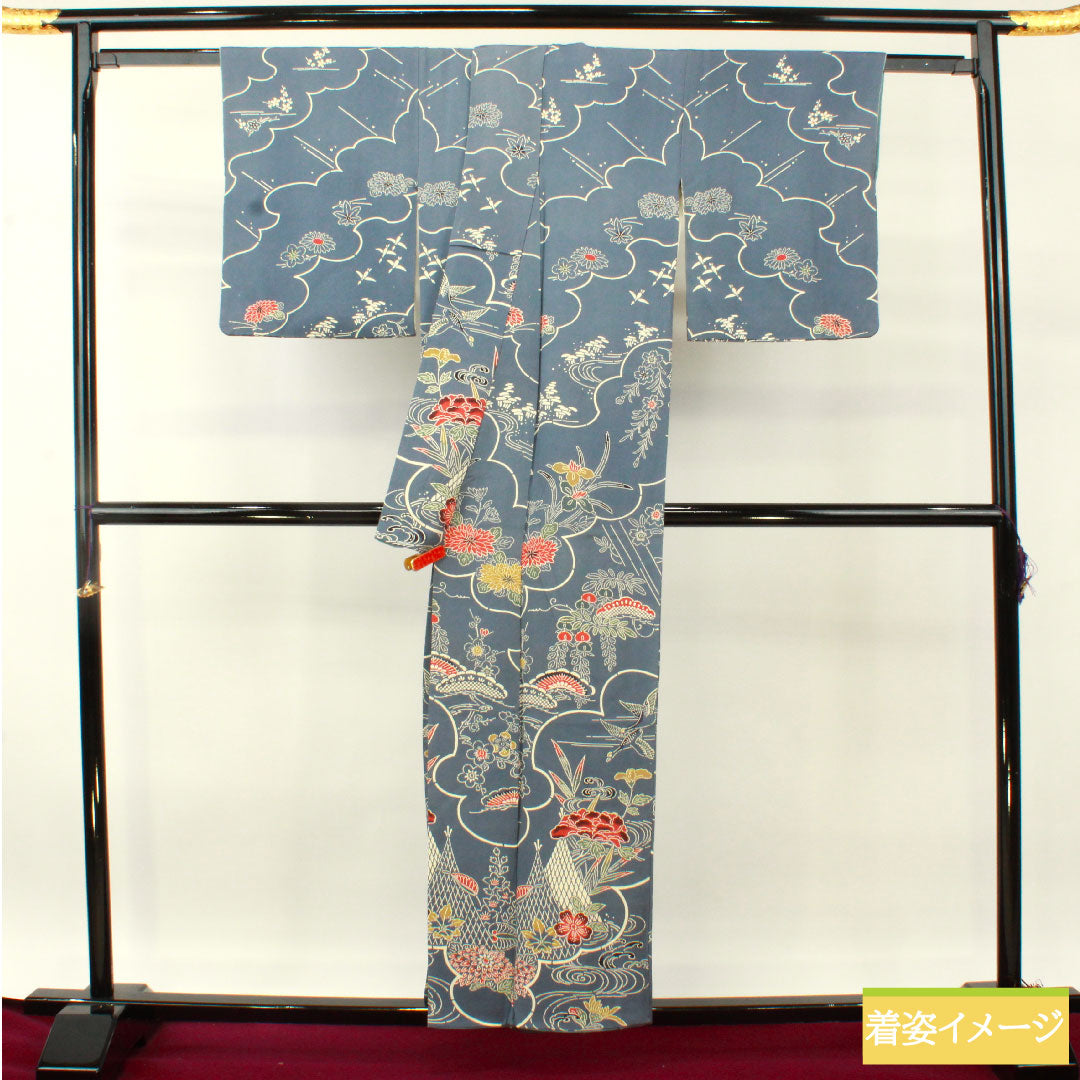 Homongi (formal kimono) made of pure silk, lined, length 157.5cm, sleeve length 64cm, Minato gray, Kyoto Bingata, aboshi pattern, floral pattern, A rank, blue, 1112004883317