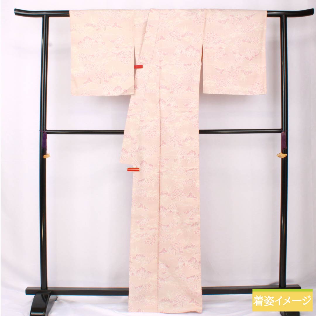 紬 正絹 身丈169.5cm 裄丈67cm 浅蘇芳色（あさきすおういろ） 風景模様 Sランク 単衣 ピンク系 1116003822513