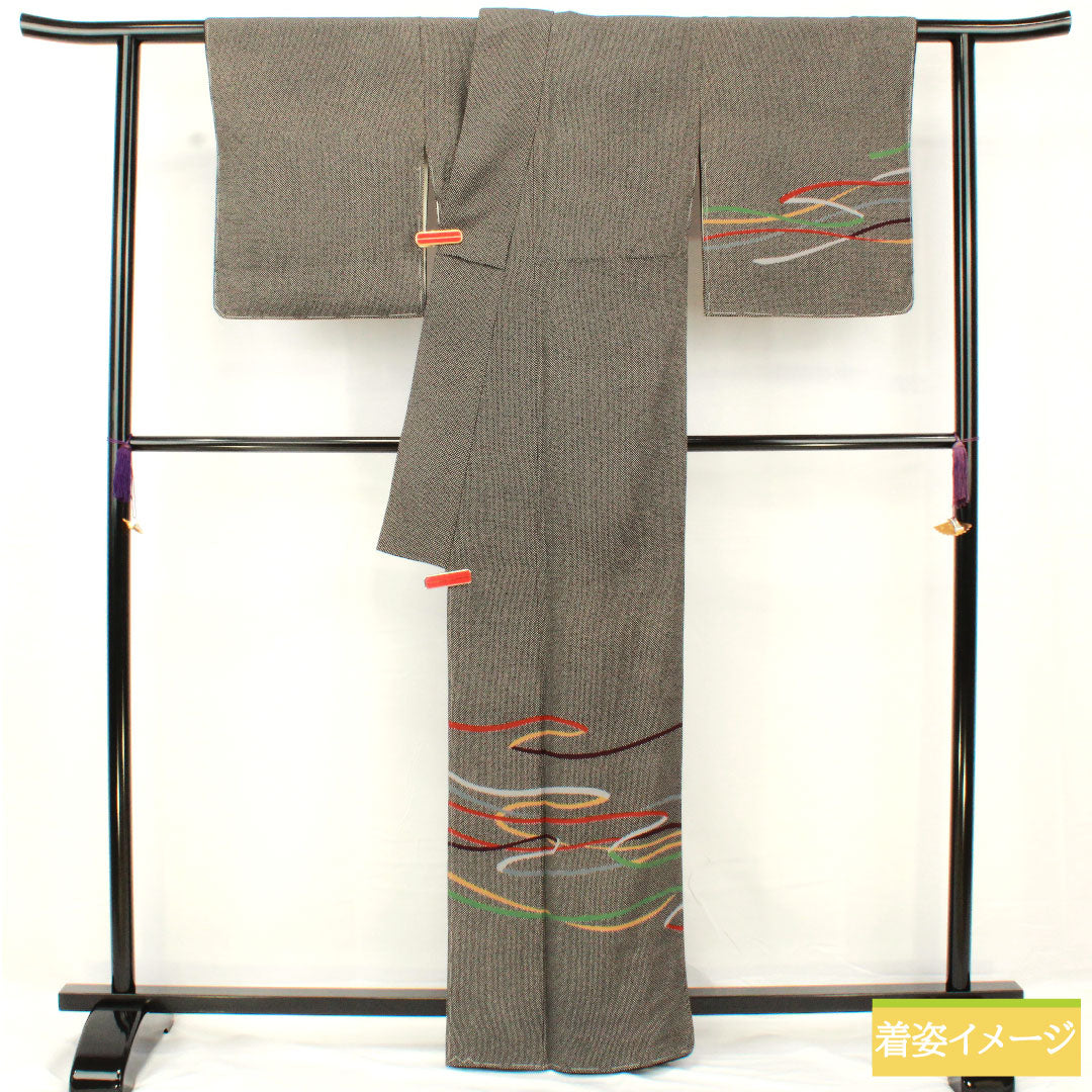 Homongi, pure silk, lined, length 161cm, sleeve length 64.5cm, good manners, abstract pattern, basting thread included, unused, S rank, black, 1112005122410