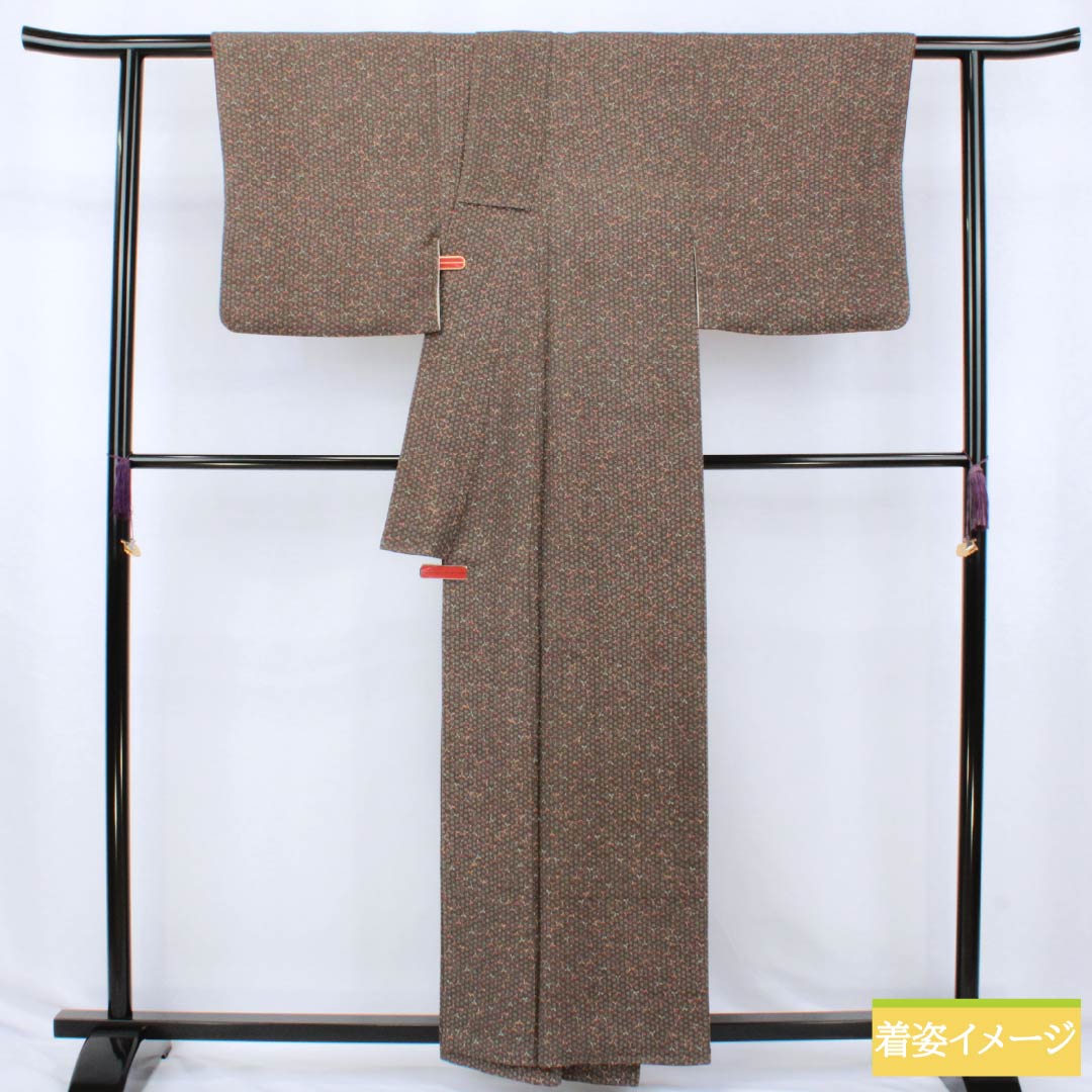 Komon silk kimono, S rank, length 159cm, sleeve length 66cm, lined, chestnut-colored crepe fabric with small flowers and brown accents, product number 1115007412314