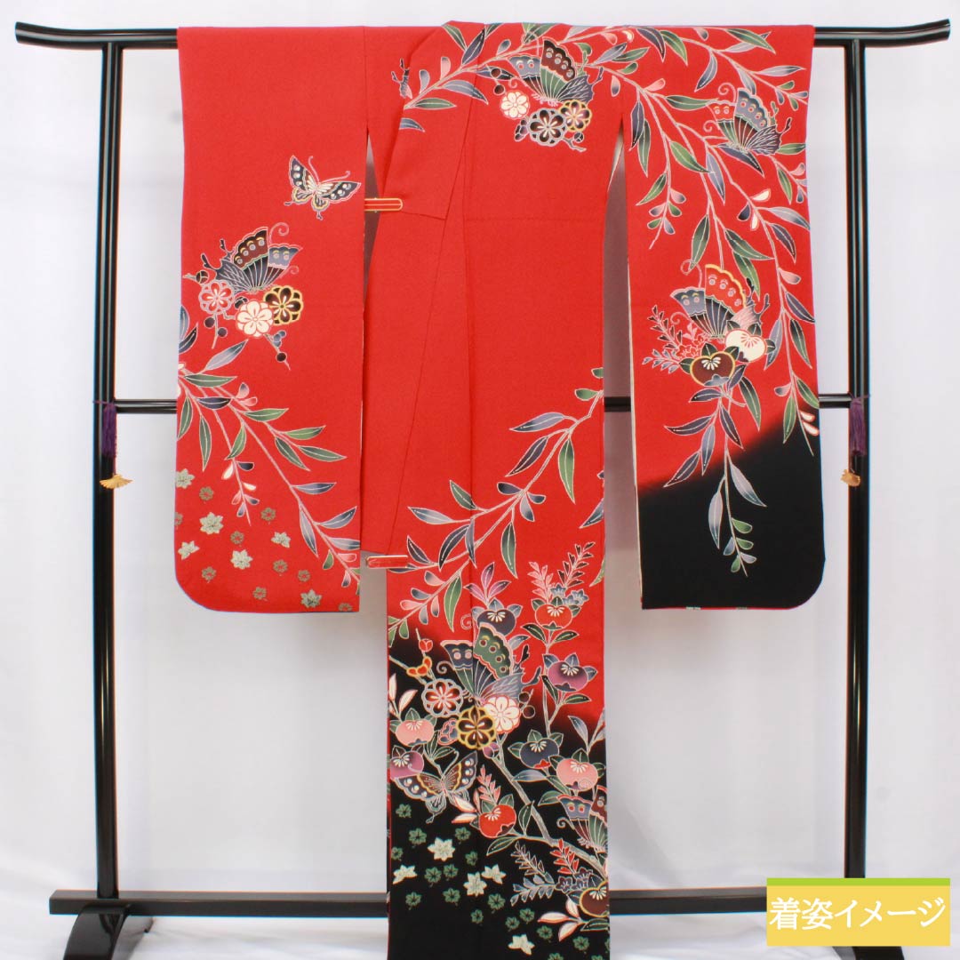 振袖 正絹 Sランク 身丈167cm 裄丈66cm 袷 赤色（あかいろ） 京紅型 吉祥文様 蝶 橘 赤系 1113002322512
